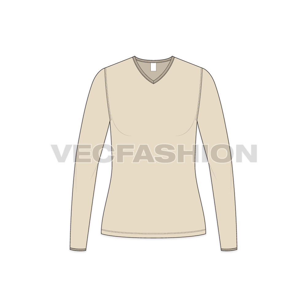 A vector fashion template for Women's Full Sleeves V Neck Ringer Tee.