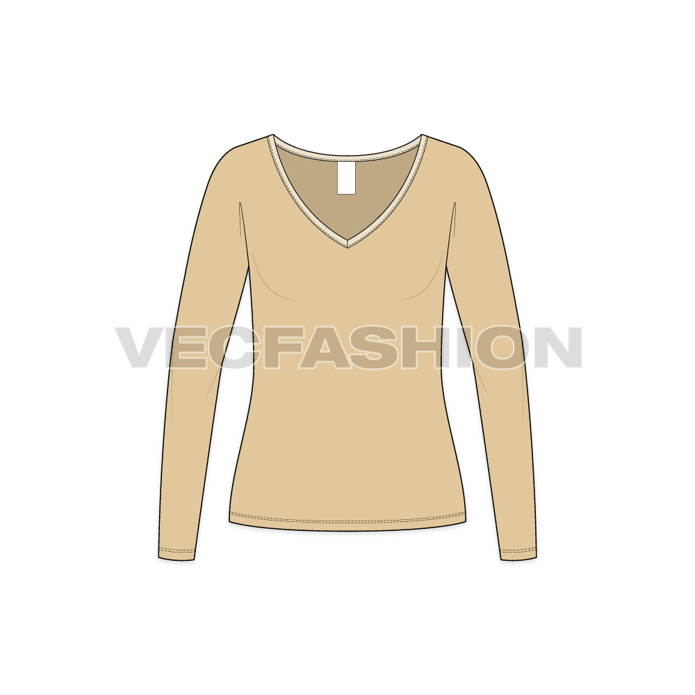 A vector fashion template for Women's Full Sleeves Wide V-neck Tee. It has a contrast colored binding with long sleeves and neck is wide and low.