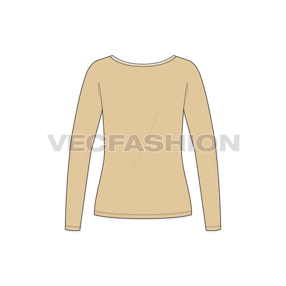 A vector fashion template for Women's Full Sleeves Wide V-neck Tee. It has a contrast colored binding with long sleeves and neck is wide and low.