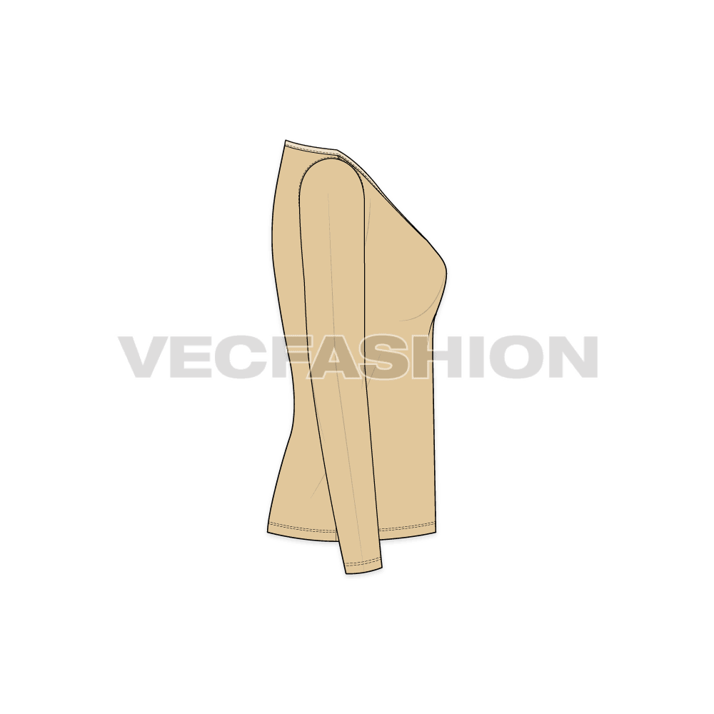 A vector fashion template for Women's Full Sleeves Wide V-neck Tee. It has a contrast colored binding with long sleeves and neck is wide and low.