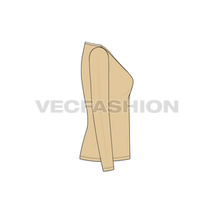 A vector fashion template for Women's Full Sleeves Wide V-neck Tee. It has a contrast colored binding with long sleeves and neck is wide and low.