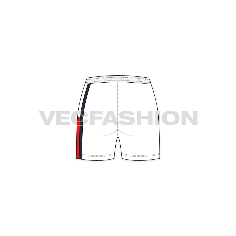 A vector fashion sketch for Women's Gym Shorts. It has a plain white body with contrast colored waist band and drawstrings. There is a stylish cut n sew panel on the left leg and a printing on the right leg.