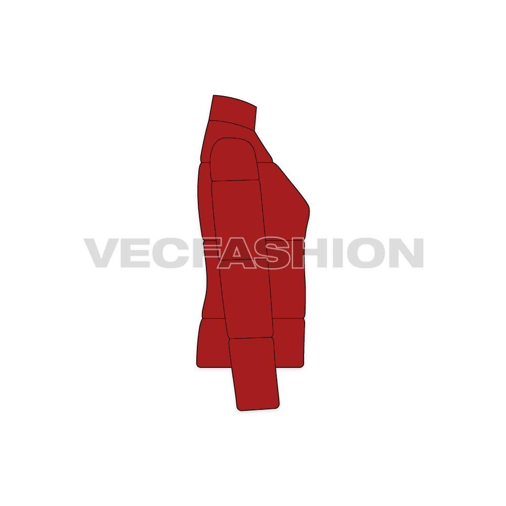 A vector illustrator template of Women's Heavy Puffer Jacket. It is rendered in dark brick color and usually made with heavy insulation Goose down and feathers.