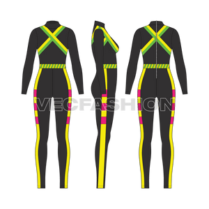 A vector template of Women's High Fashion Swimsuit. It has contrast neon colored panels all over and gives a very electrified and luxury look.