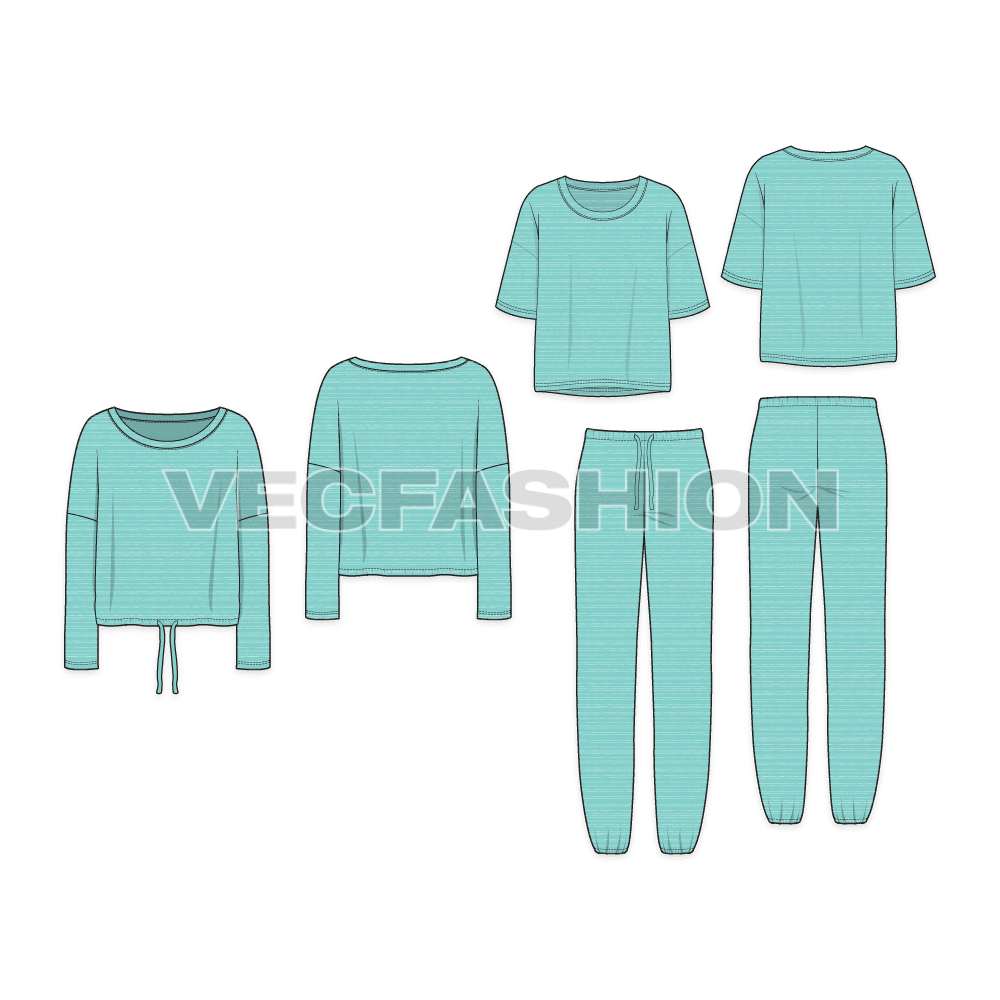 Our latest Fashion Set for Women Holidays Loungewear Set giving you an option to mix and match within your collection. It is consist of three vector templates which can go together as a theme. It has little detailing like Ties on Waistband on the Sweatshirt as well as the sweatpants. These pieces can be stylized very easily by adding some graphics or prints on it.