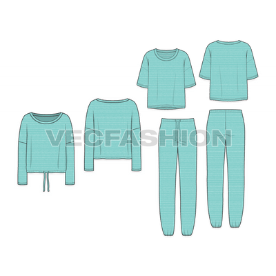 Our latest Fashion Set for Women Holidays Loungewear Set giving you an option to mix and match within your collection. It is consist of three vector templates which can go together as a theme. It has little detailing like Ties on Waistband on the Sweatshirt as well as the sweatpants. These pieces can be stylized very easily by adding some graphics or prints on it.