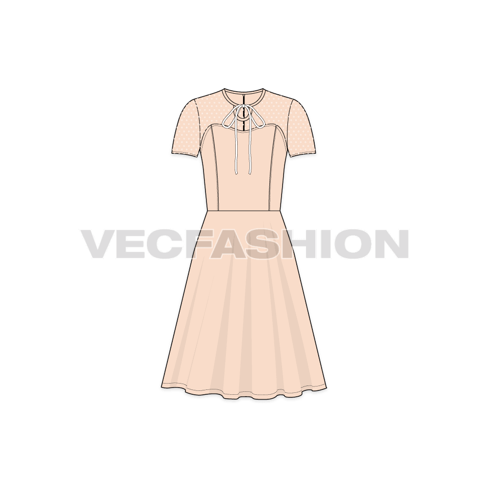 A vector template for Women's Keyhole Tie Cocktail Dress. It is a dark maroon fabric for body and have printed net on the sleeves and upper bodice.