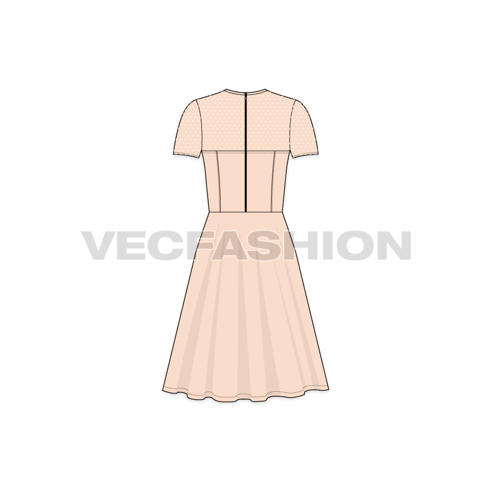A vector template for Women's Keyhole Tie Cocktail Dress. It is a dark maroon fabric for body and have printed net on the sleeves and upper bodice.