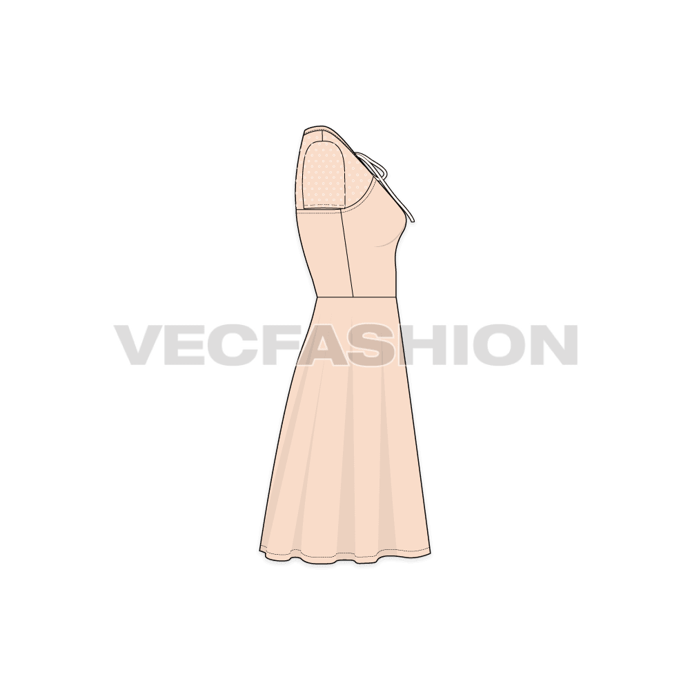 A vector template for Women's Keyhole Tie Cocktail Dress. It is a dark maroon fabric for body and have printed net on the sleeves and upper bodice.