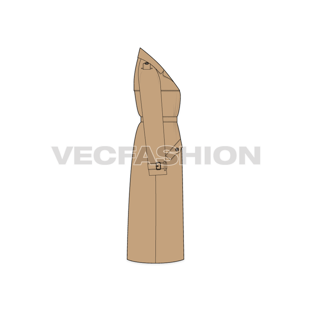A vector illustrator template of Women's Khaki Trench Coat. It is a very special illustrator sketch with full detailing of Epaulet on shoulder and sleeves, pocket detailing and buttons.
