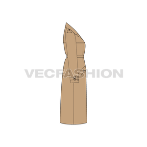 A vector illustrator template of Women's Khaki Trench Coat. It is a very special illustrator sketch with full detailing of Epaulet on shoulder and sleeves, pocket detailing and buttons.