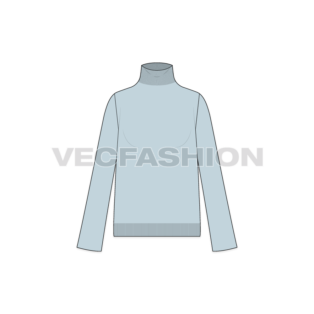 A vector template for Women's Knitted Sweater. It is a mock neck sweater and has a rib finish at sleeve and bottom hem. 