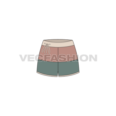 A vector fashion sketch for Women's Knotted Shorts. It has a white colored waistband with two contrast colored body panels. There is mesh texture pattern added on it and the defining element of this shorts is the unique style of drawstrings knotted towards the right side.