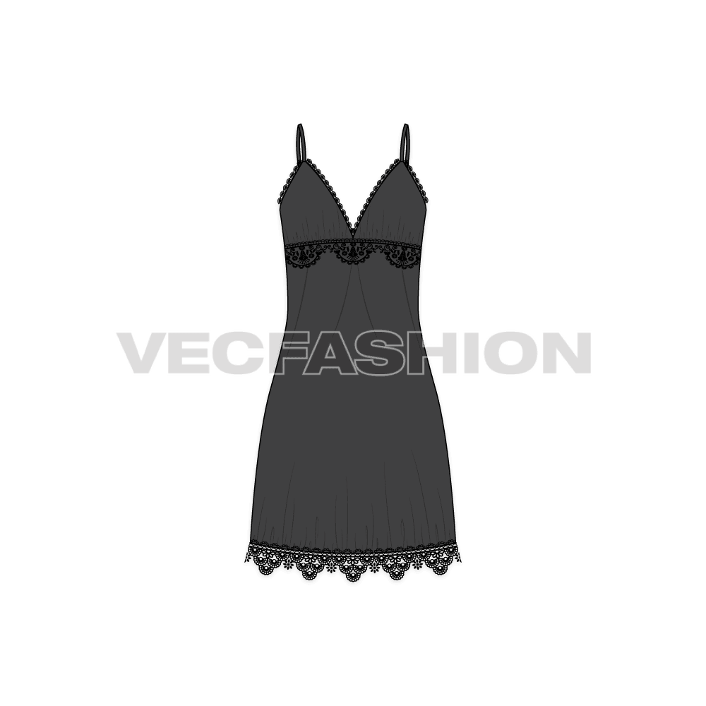 A vector fashion template sketch for Women's Laced Nightie. A very special article made out of sheer fabric and lace trims all over the edges. This is a high in demand style for nighties and gives a seductive look once worn.