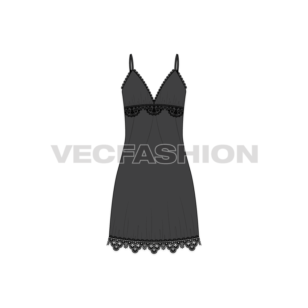 A vector fashion template sketch for Women's Laced Nightie. A very special article made out of sheer fabric and lace trims all over the edges. This is a high in demand style for nighties and gives a seductive look once worn. 