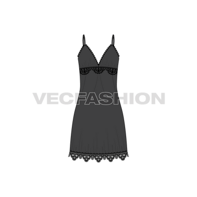 A vector fashion template sketch for Women's Laced Nightie. A very special article made out of sheer fabric and lace trims all over the edges. This is a high in demand style for nighties and gives a seductive look once worn.