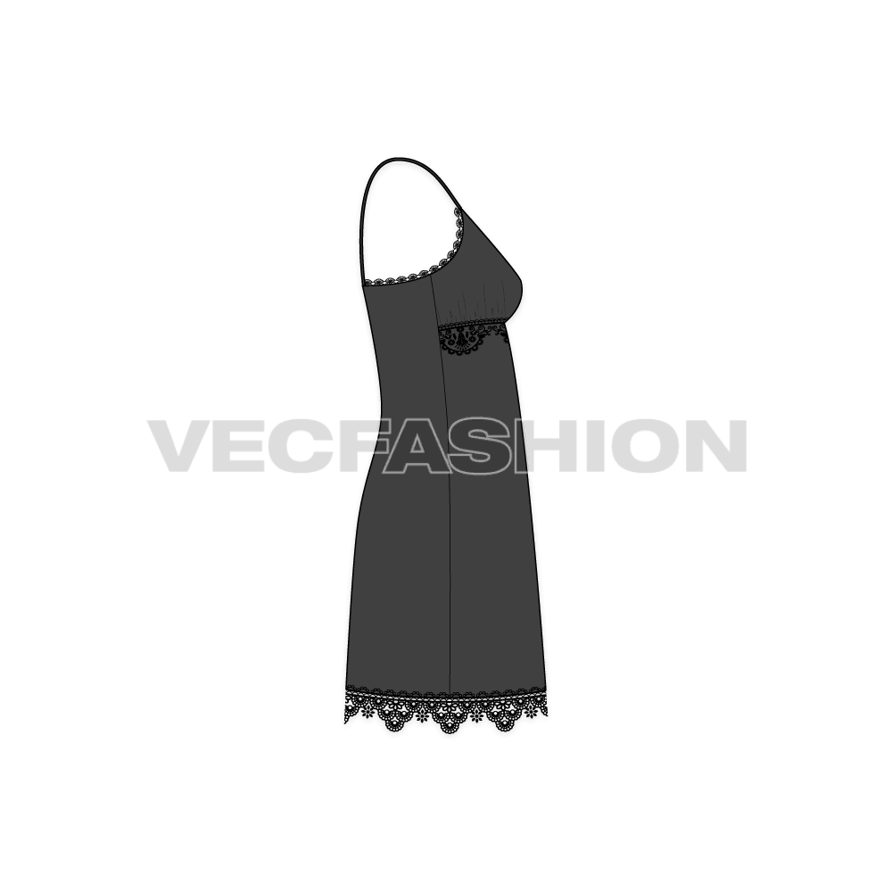 A vector fashion template sketch for Women's Laced Nightie. A very special article made out of sheer fabric and lace trims all over the edges. This is a high in demand style for nighties and gives a seductive look once worn.
