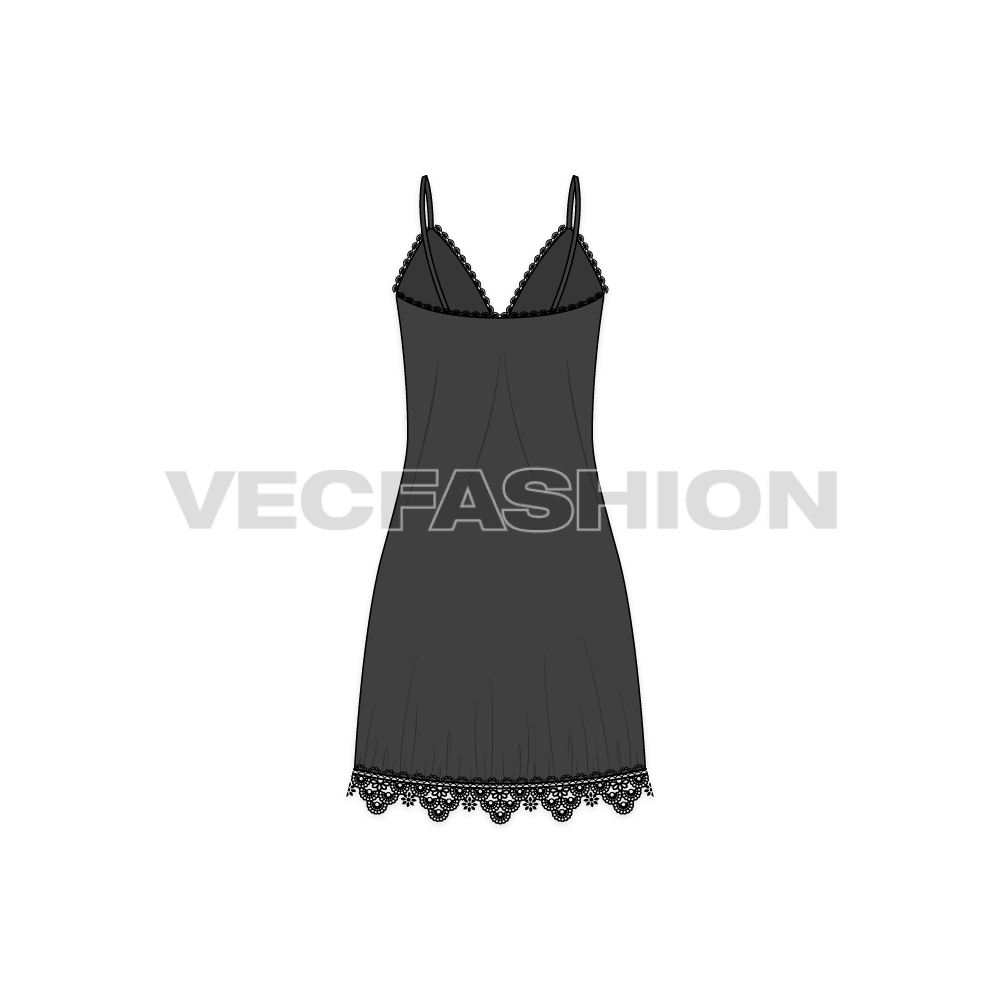 A vector fashion template sketch for Women's Laced Nightie. A very special article made out of sheer fabric and lace trims all over the edges. This is a high in demand style for nighties and gives a seductive look once worn.
