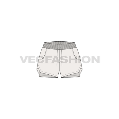 A vector fashion sketch template of Women's Gym Shorts. It has two layers of fabric, the bottom layer is made with compression material lycra and the top layer is polyester base. It has rib on waistband and drawstrings for adjustment.