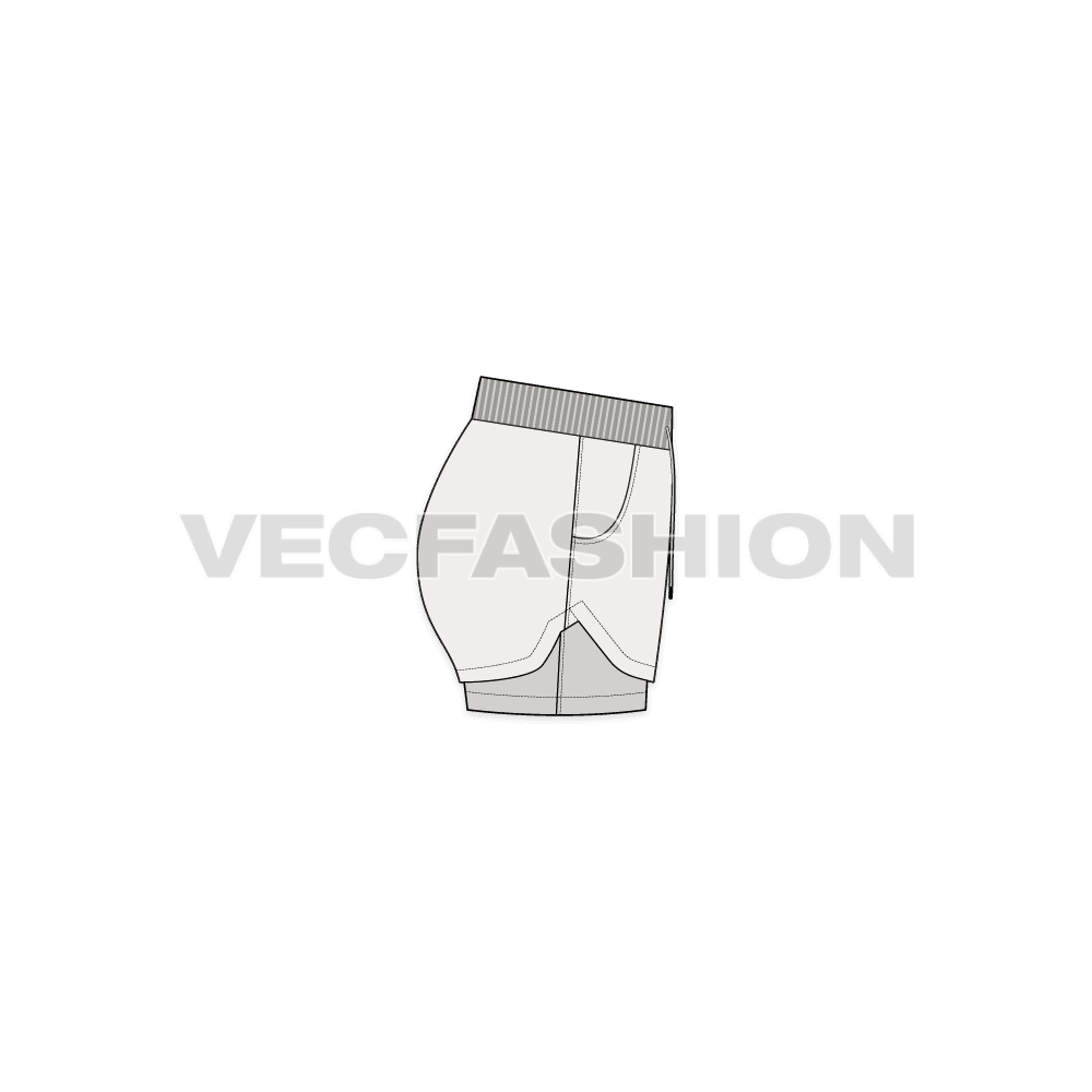 A vector fashion sketch template of Women's Gym Shorts. It has two layers of fabric, the bottom layer is made with compression material lycra and the top layer is polyester base. It has rib on waistband and drawstrings for adjustment.