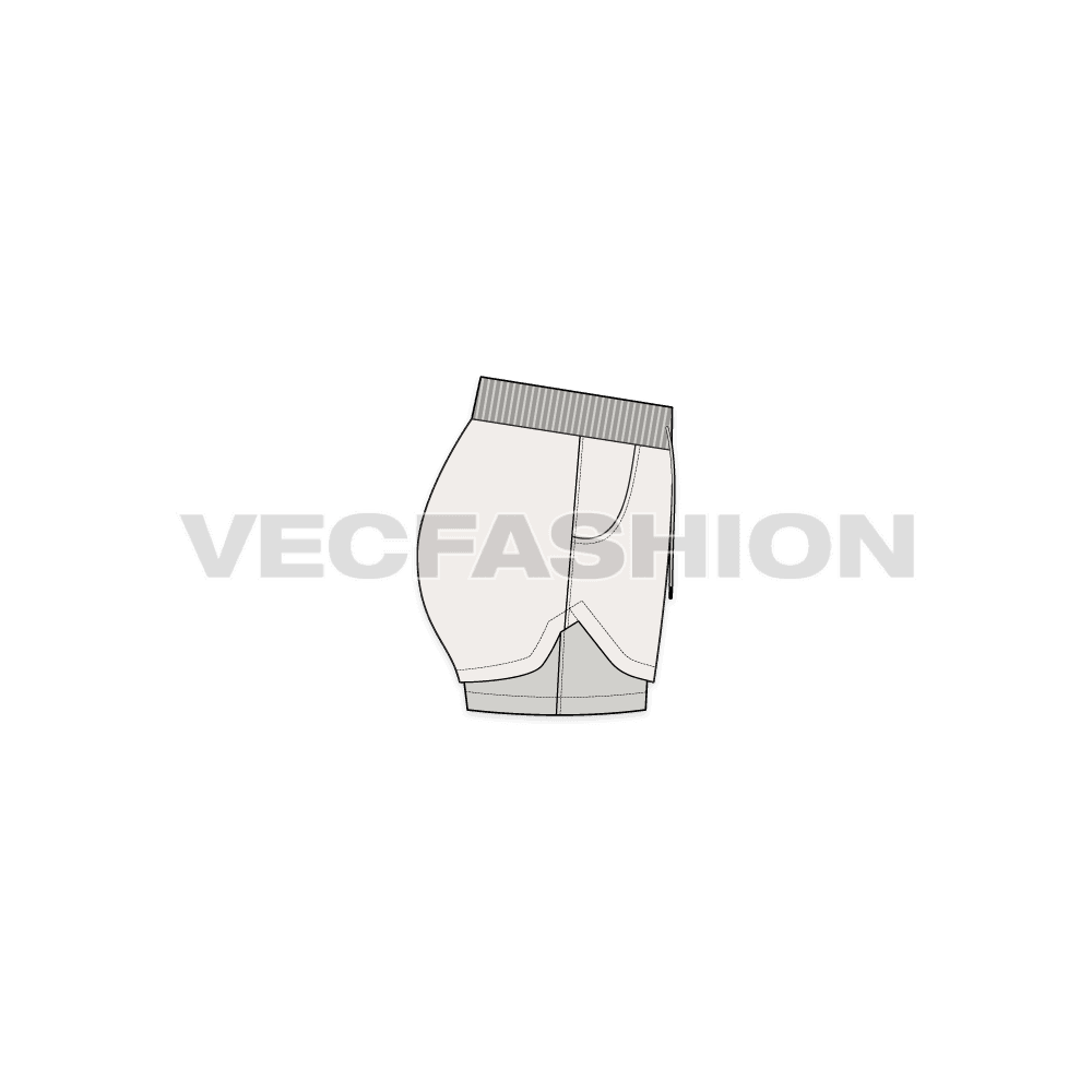 A vector fashion sketch template of Women's Gym Shorts. It has two layers of fabric, the bottom layer is made with compression material lycra and the top layer is polyester base. It has rib on waistband and drawstrings for adjustment. 