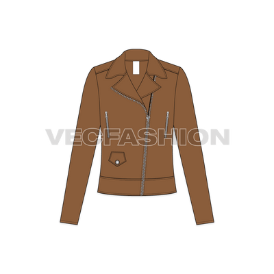 A vector fashion flat sketch for Women's Leather Biker Jacket. It has all details that comes on a leather jacket also know as Moto Jacket.