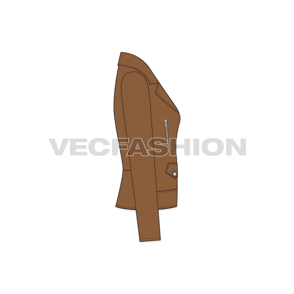 A vector fashion flat sketch for Women's Leather Biker Jacket. It has all details that comes on a leather jacket also know as Moto Jacket.
