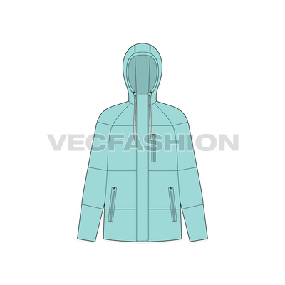 A vector apparel template for Women's Lightweight Down Jacket. it is a very comfortable fit and made with high tech details. It has hood attached with wide and soft flat tape drawstring, pockets on front sides and the iconic puffy look.