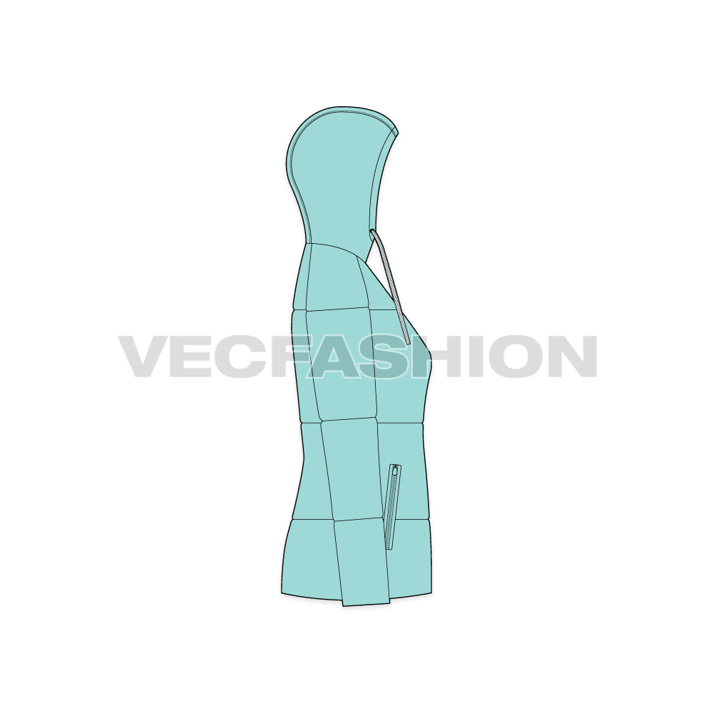 A vector apparel template for Women's Lightweight Down Jacket. it is a very comfortable fit and made with high tech details. It has hood attached with wide and soft flat tape drawstring, pockets on front sides and the iconic puffy look.