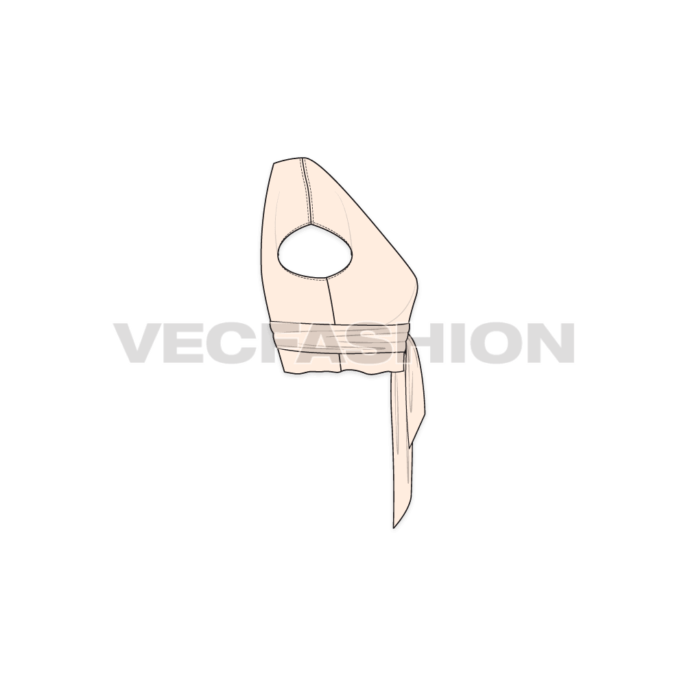 A vector template of Women's Linen Blend Wrap Top. It has an asymmetrical overlapping opening on front with a big bow tie on the side for enclosure.