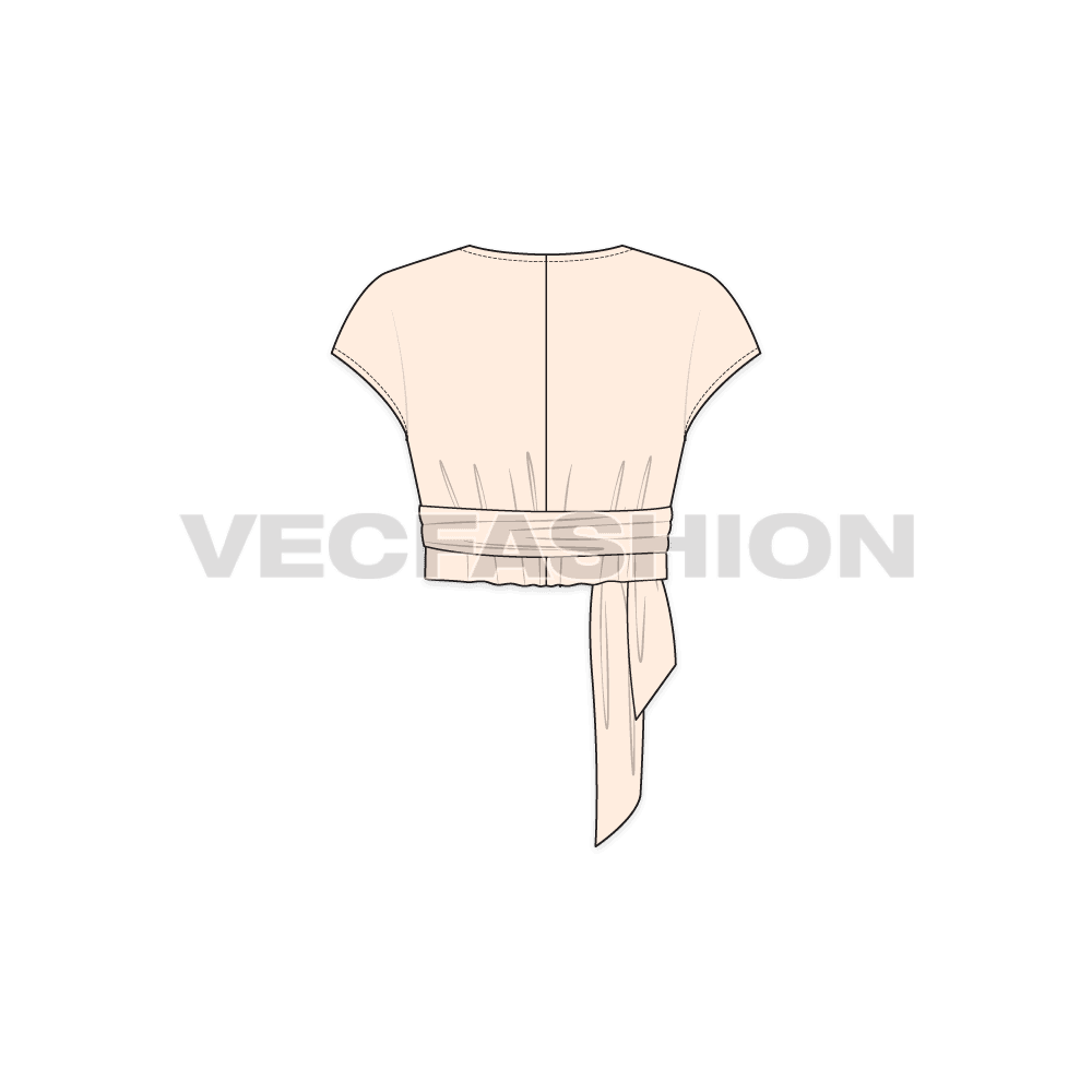 A vector template of Women's Linen Blend Wrap Top. It has an asymmetrical overlapping opening on front with a big bow tie on the side for enclosure.