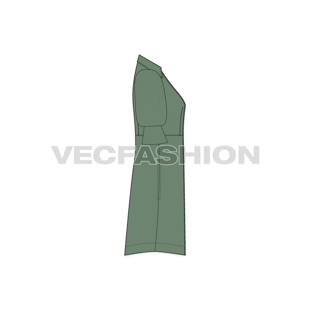 A vector fashion template for Women's Long Shirt Dress with Blouse Sleeves. It has short sleeves a dominant design style cuff near elbow.
