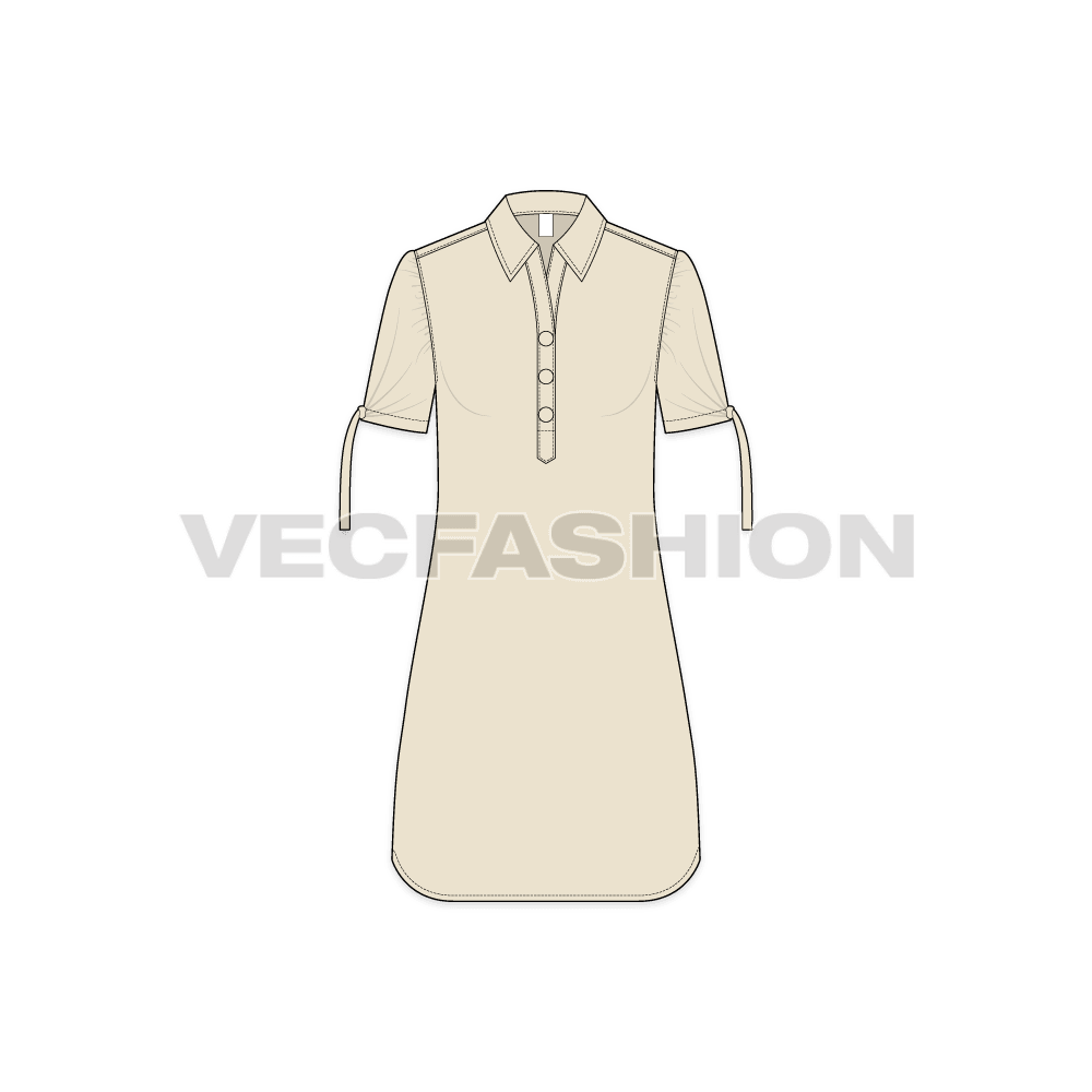 A vector illustrator template for Women's Long Shirt with Knotted Sleeves. It has short sleeves with knot detailing on sleeve hem. The bottom hem is round at the hem and the button placket is long.