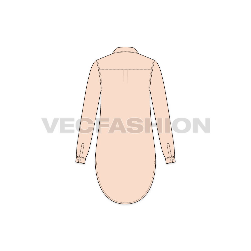 A vector fashion template for Womens Long Shirt with Scoop Hem. It has two pockets on chest, a shirt collar and scoop hem with long length front open shirt vector.