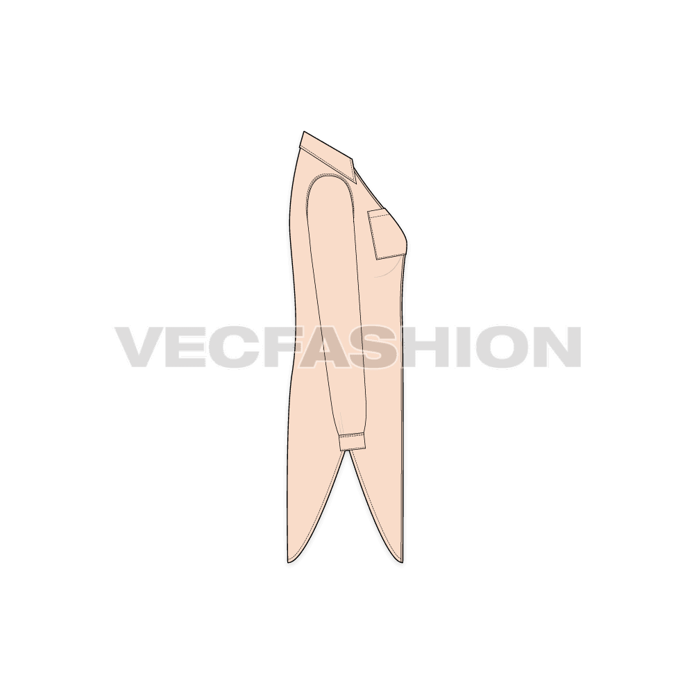 A vector fashion template for Womens Long Shirt with Scoop Hem. It has two pockets on chest, a shirt collar and scoop hem with long length front open shirt vector.