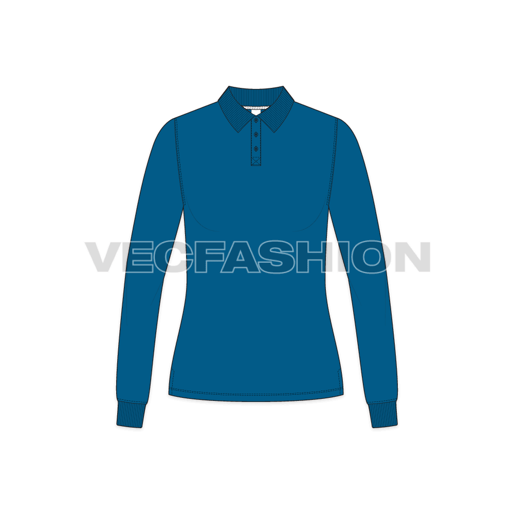 A vector fashion template for Women's Long Sleeve Polo Neck. It has a ribbed collar and cuffs.