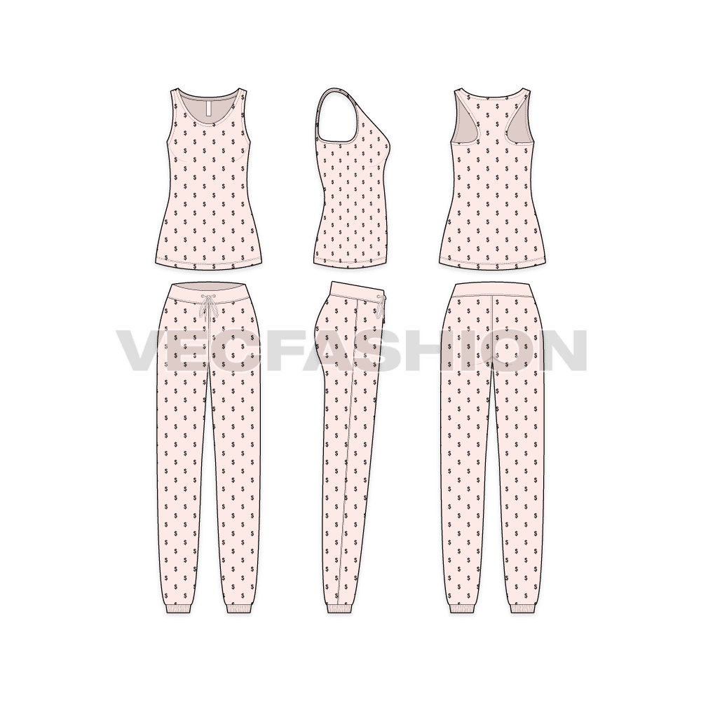 A vector template sketch for Women's Lounge Wear Pajama Set. It has a deep neck on front and a racer back shape on the back. The top length comes around the hip line and have an all over repeat print. The pajamas has a slim comfortable fit with cute tie knots on the waistband.