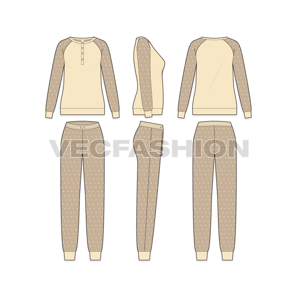 A vector fashion template sketch for Women's Lounge Wear Sweat Suit. It has henley neck top with contrast colored sleeves with all over star print.
