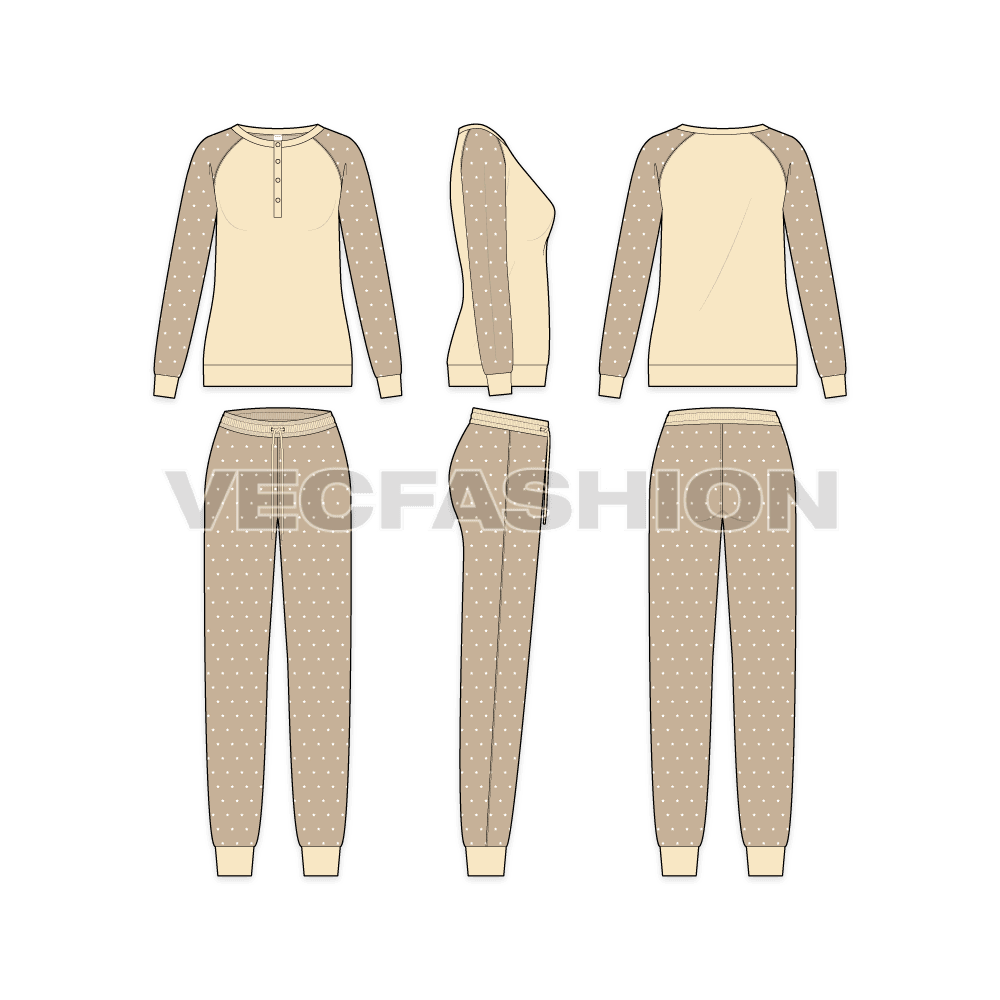 A vector fashion template sketch for Women's Lounge Wear Sweat Suit. It has henley neck top with contrast colored sleeves with all over star print. 