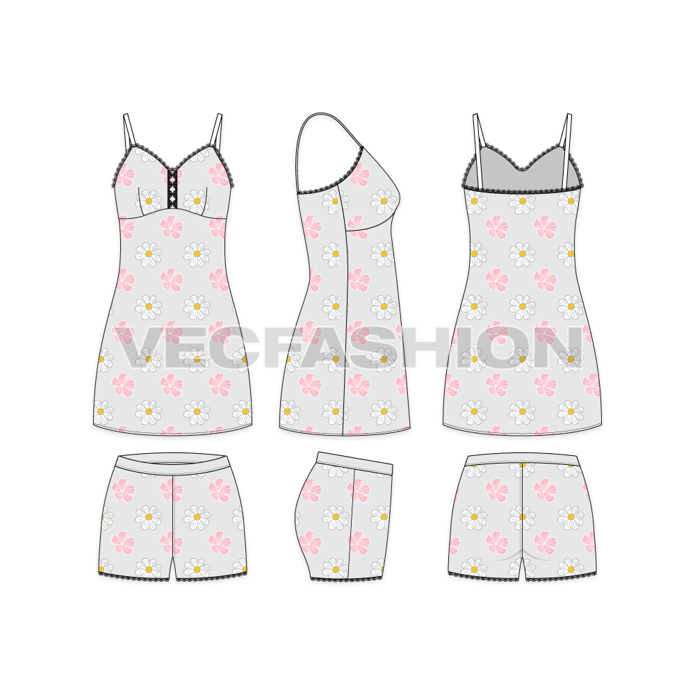 A vector template sketch for Women's Loungewear Set. It is a very special style with floral print all over the body. The top has a lace around the top edge with spaghetti straps.