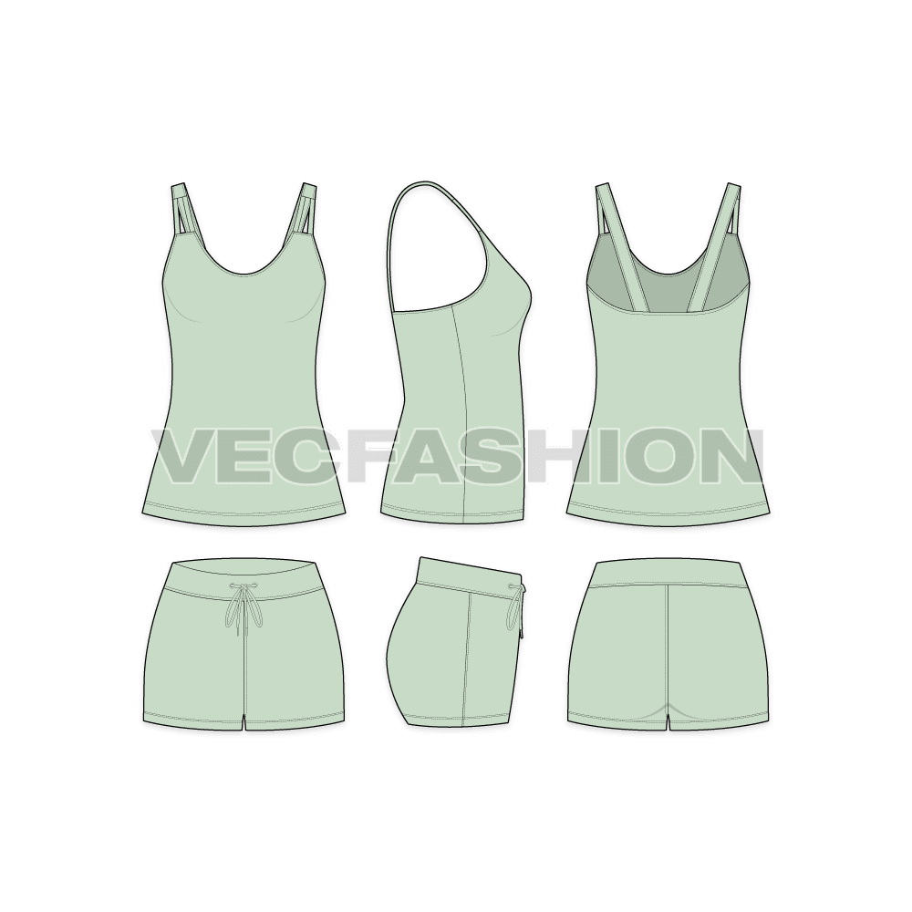 A vector fashion template sketch for Women's Loungewear Set. It has a tank with stylized straps on shoulder with all over printed pajama shorts.