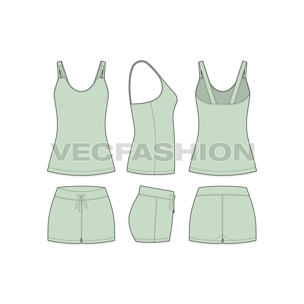 A vector fashion template sketch for Women's Loungewear Set. It has a tank with stylized straps on shoulder with all over printed pajama shorts. 