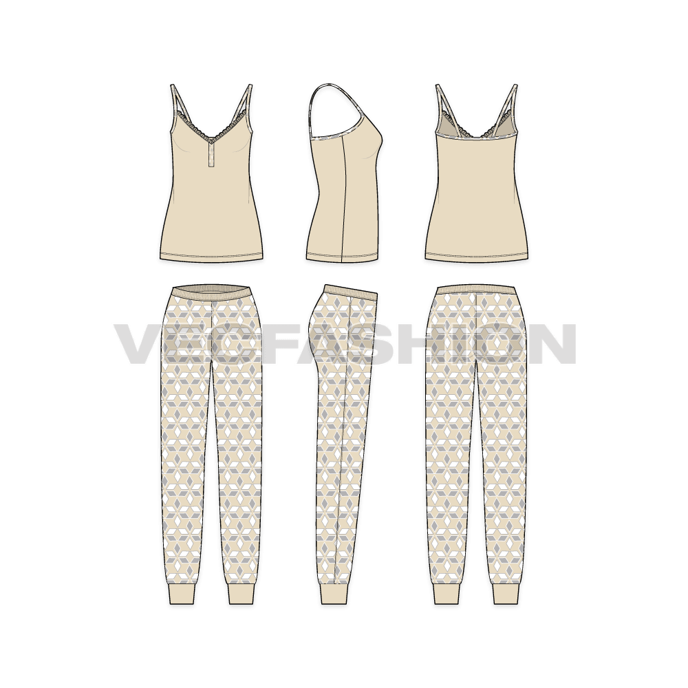 A vector template sketch for Women's Loungewear Suit. It has a big v neck Spaghetti Top with all over printed pajama. Pajama have elasticated waistband with ribbed cuffs at the bottom.