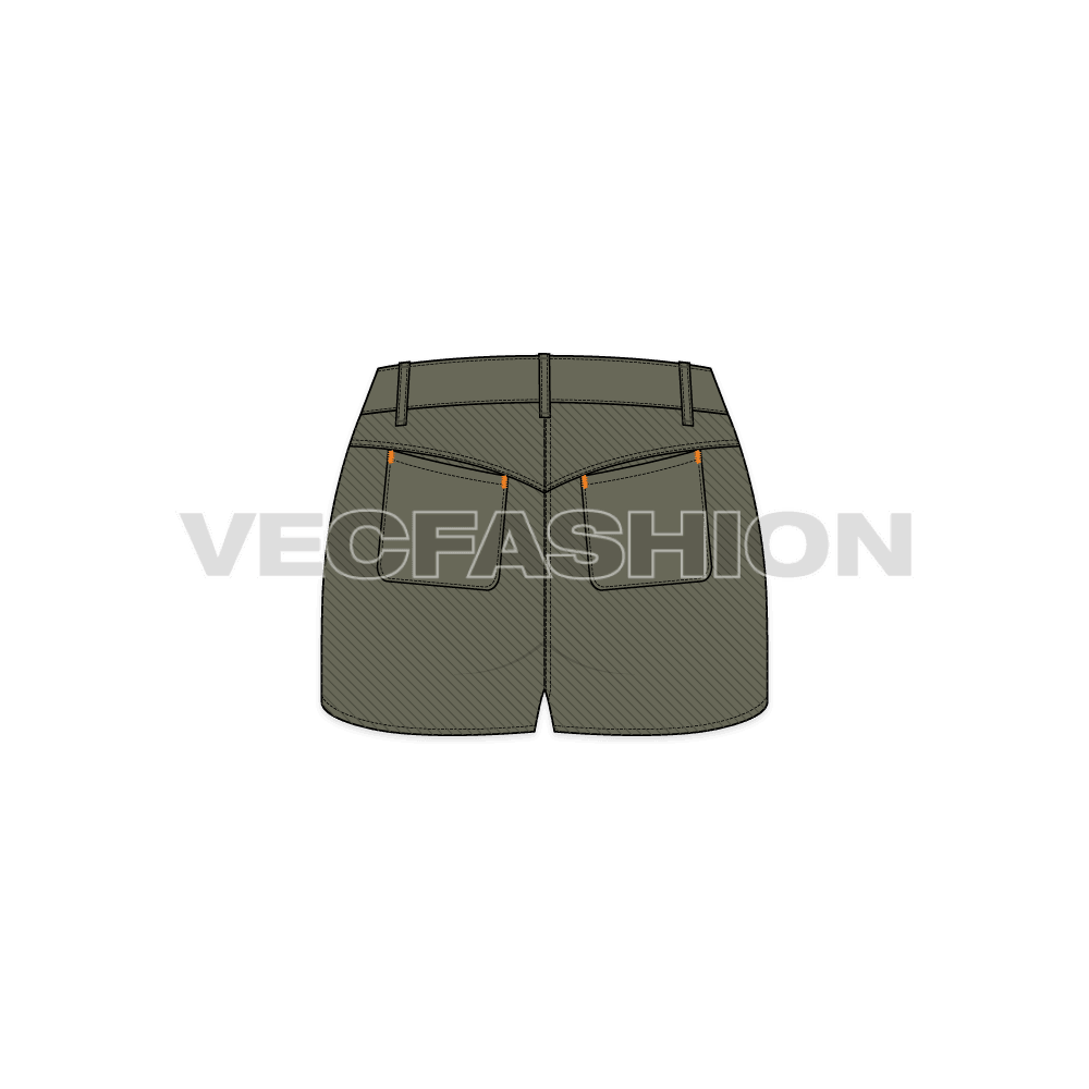 This is a stylized Women's Cotton Twill Low-rise Shorts Vector Template. It is designed in Adobe Illustrator with modern styling features. It can be worn as casual wear or at the beach party.