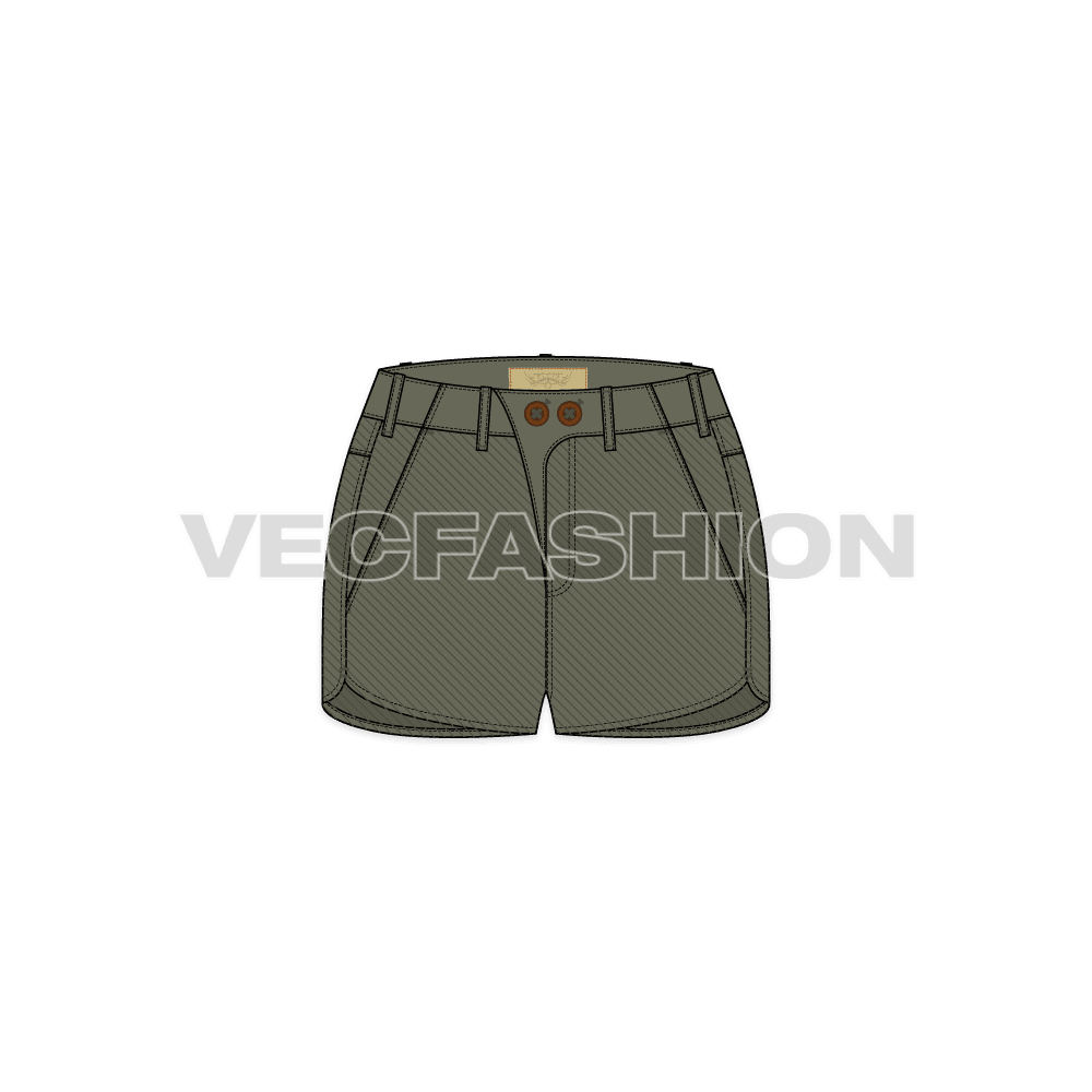 This is a stylized Women's Cotton Twill Low-rise Shorts Vector Template. It is designed in Adobe Illustrator with modern styling features. It can be worn as casual wear or at the beach party.