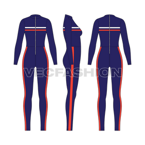A vector template of Women's Lycra Bodysuit. It is a full suit with zipper opening on front, it has contrast colored stripes on side legs and chest to give it a sporty look. 