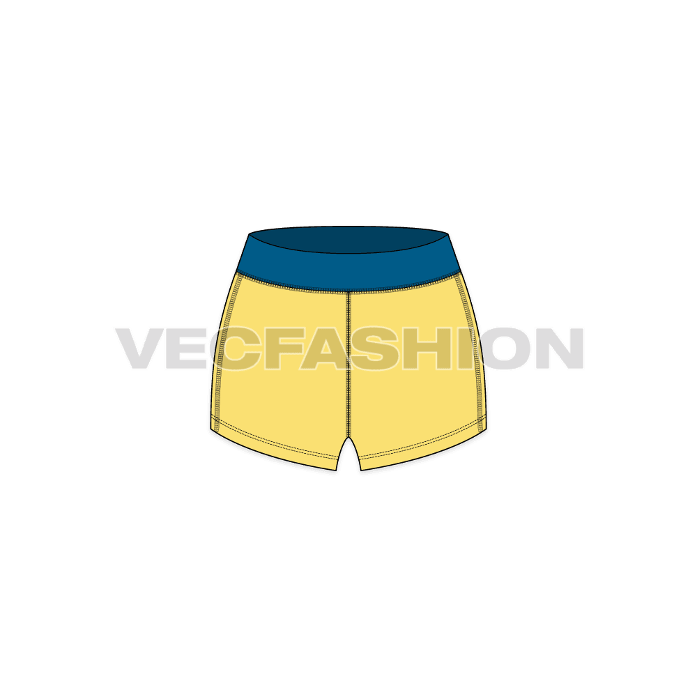 A vector illustrator fashion cad for Women's Lycra Gym Shorts. It has sublimated waist band with writing on it and has micro length legs.