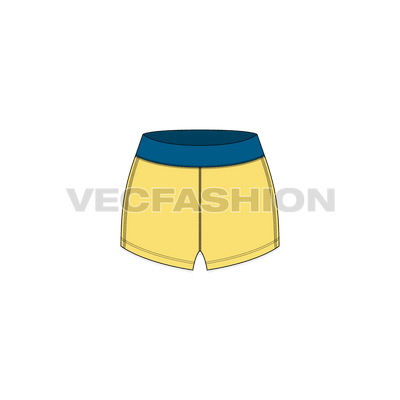 A vector illustrator fashion cad for Women's Lycra Gym Shorts. It has sublimated waist band with writing on it and has micro length legs.