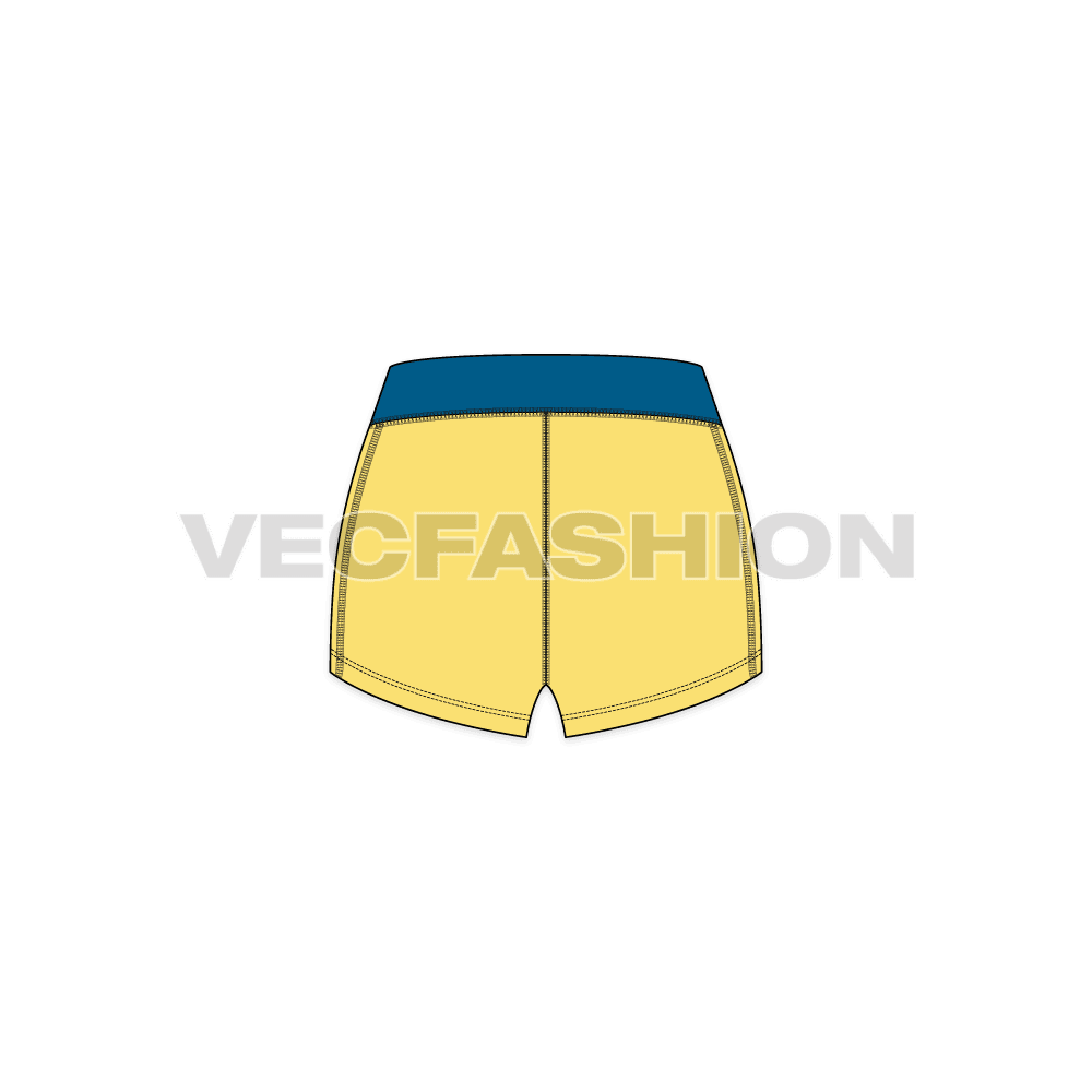 A vector illustrator fashion cad for Women's Lycra Gym Shorts. It has sublimated waist band with writing on it and has micro length legs.