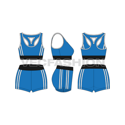 A vector template for Women's Lycra Gym Suit. It has Sports Bra and Sport Shorts. It has contrast binding and belt at bottom and waistband.